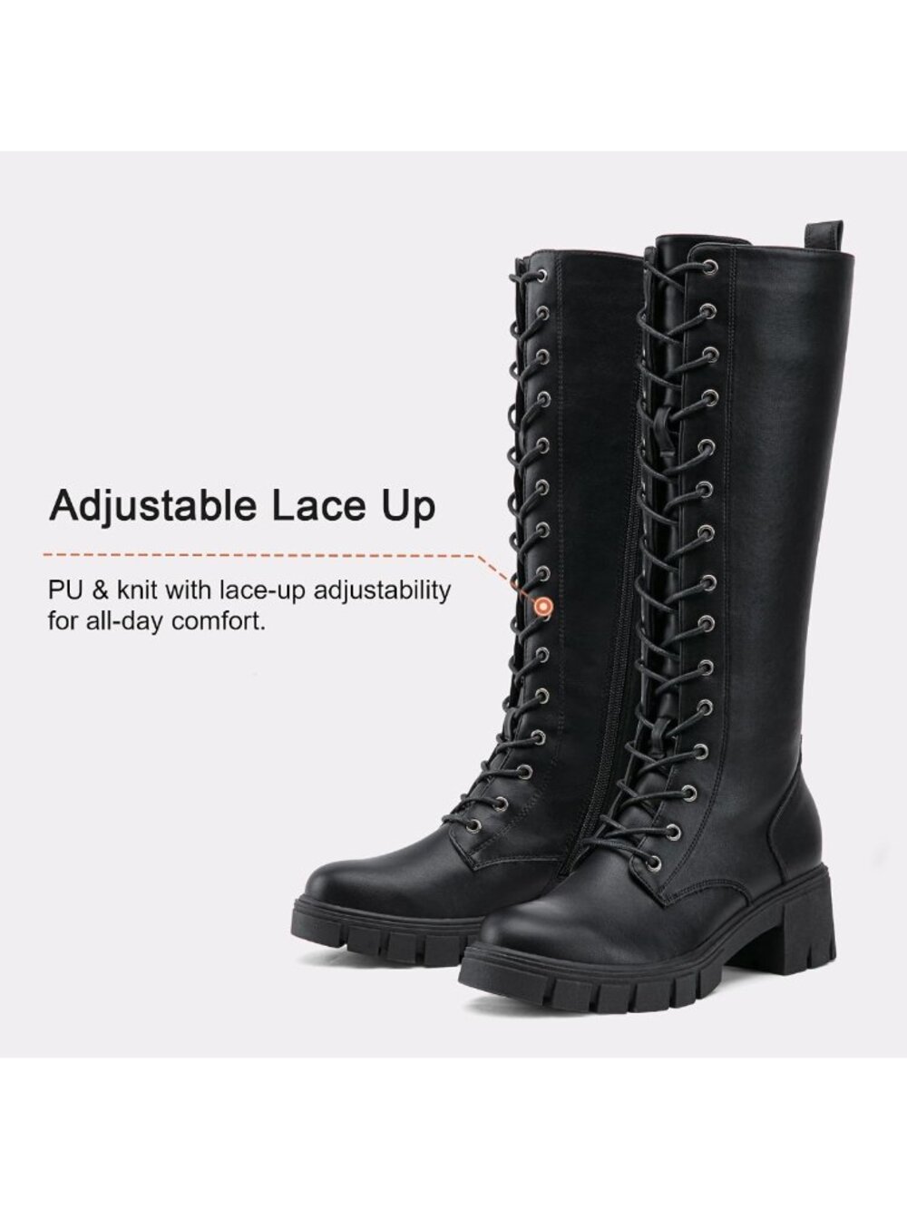 Lace-Up Chunky Heel Knee High Combat Boots | Comfortable Tall Goth Style for - Picture 5 of 9